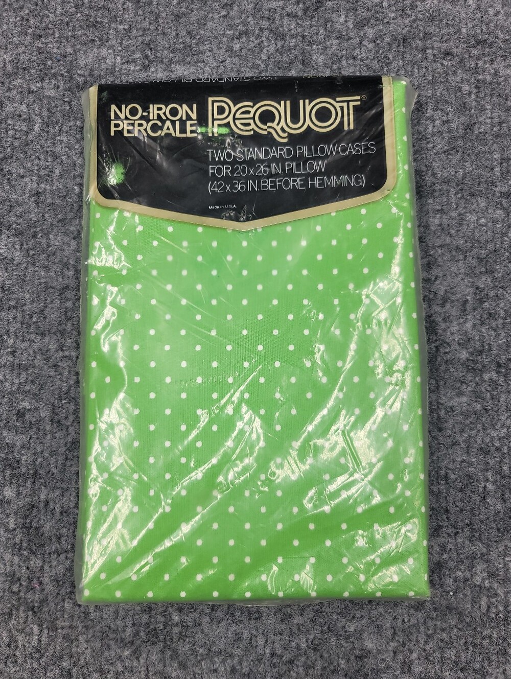 Vintage Pequot No Iron Percale Pillow Cases Green & White Polka-dot Sealed 20×26